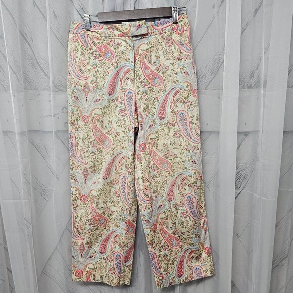 Vintage Talbots Pink Cream Paisley Boho Cropped Straight Leg Chino Pants Size - Picture 1 of 16